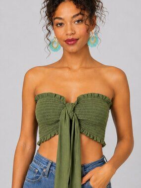 NWT Zenana Olive Smocked Tie-Front Bandeau Top